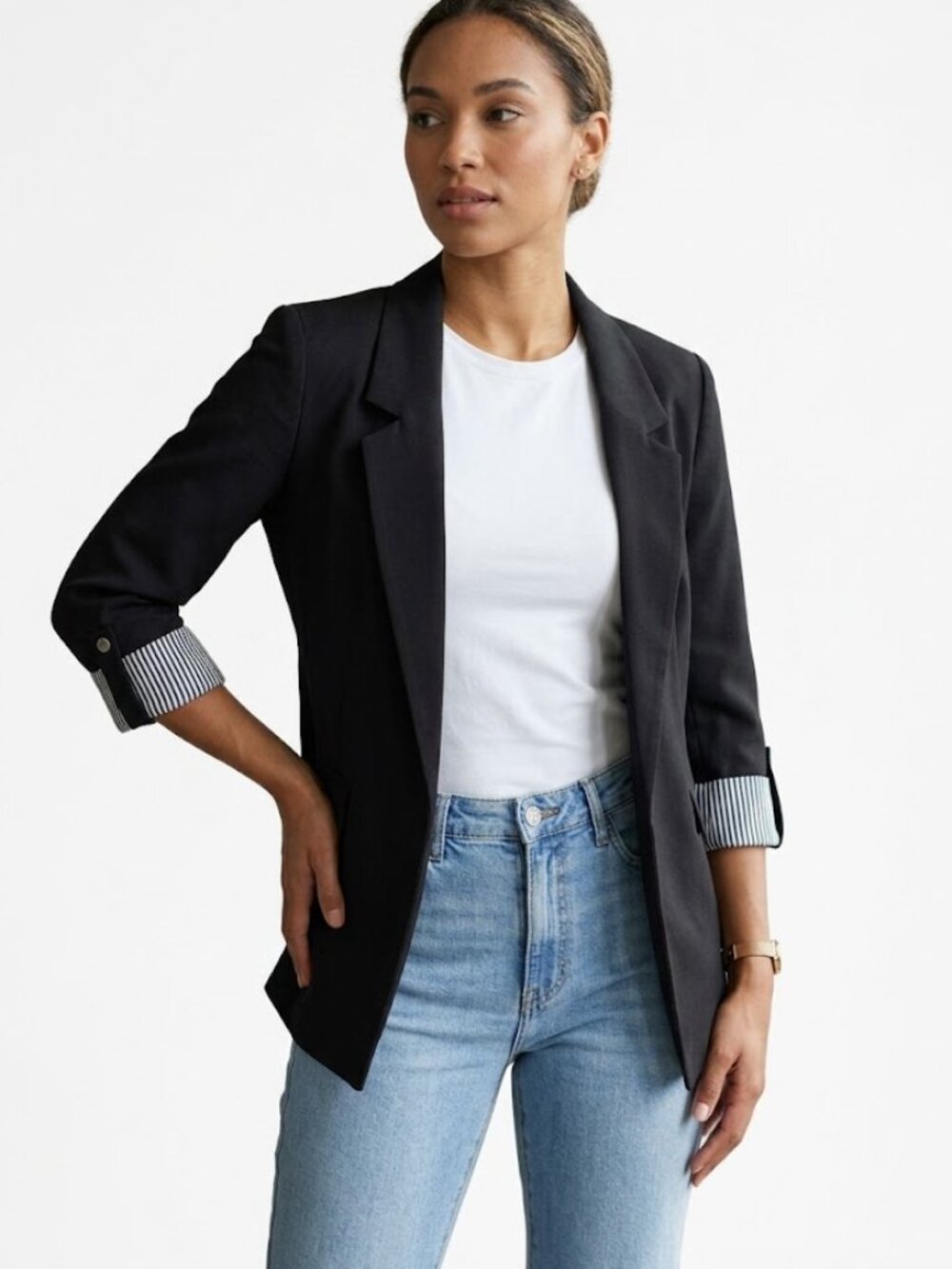 New York & Co 7th Ave Open Front Blazer XS Black Striped Roll Tab NWT $99